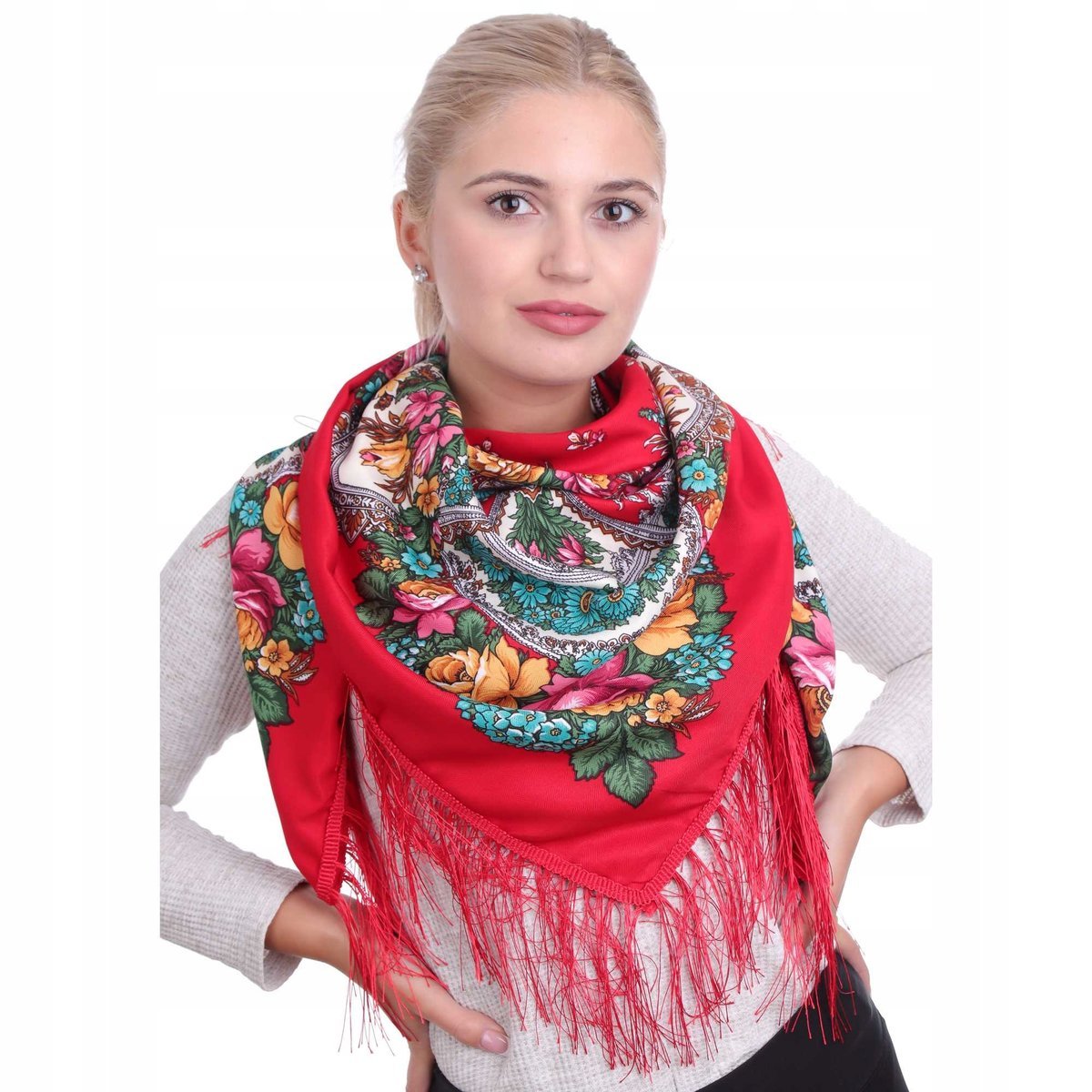 CHUSTA DAMSKA SZALIK FOLKOWA LUDOWA GÓRALSKA W KWIATY CZERWONA