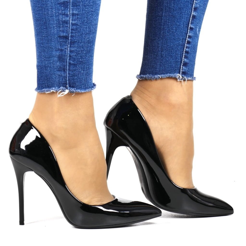 Damskie Szpilki Wysokie Czółenka Comer Ah1 Czarne Lakierowane