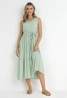 Sukienki - Miętowa Wiskozowa Sukienka Midi z Gumką w Pasie i Materiałowym Paskiem Bicuh - miniaturka - grafika 1