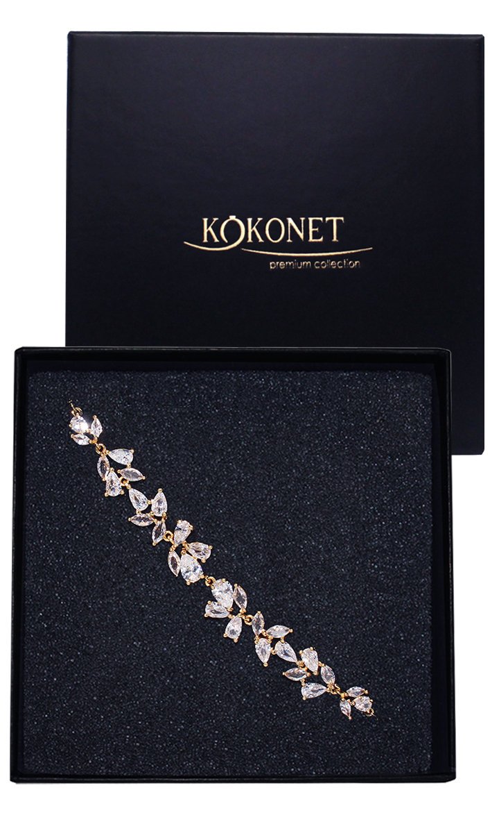 Pozłacana bransoletka ślubna regulowana listki cyrkonie kryształki PREZENT