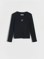 Bluzki dla dziewczynek - Reserved - Prążkowana bluzka z haftem - czarny - miniaturka - grafika 1