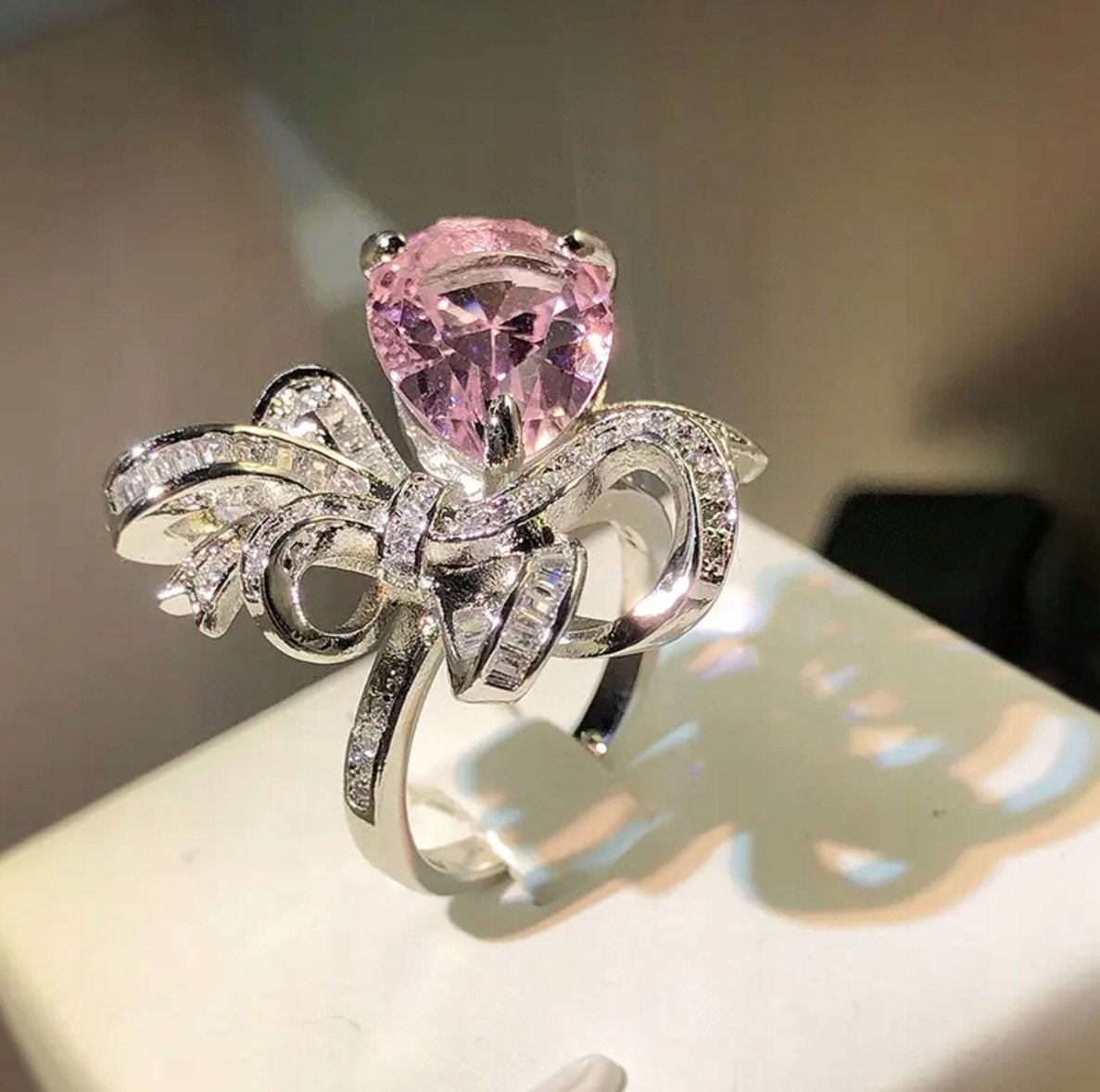 Srebrny Pierścionek Turmalin Duży Cyrkonie Łezka Kokarda Stal Chirurgiczna