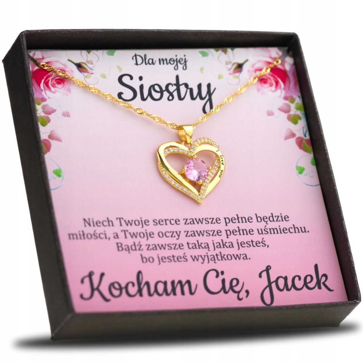 Naszyjnik Srebrny Pozłacany Dedykacja dla Siostry Serce z napisem I Love Yo