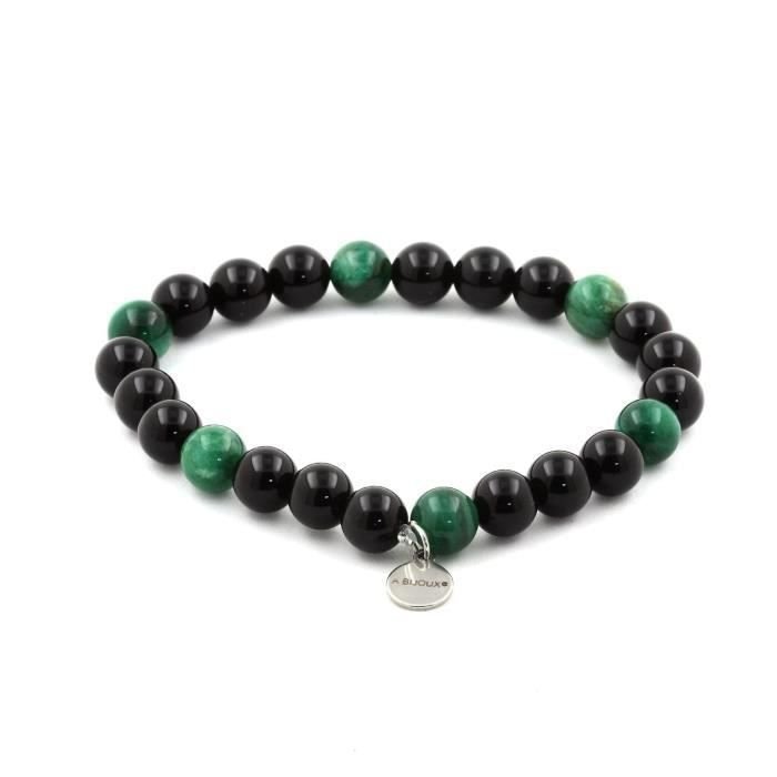 Kamienie i minerały. Bransoletka z koralików z czarnego agatu i zielonej miki z Tanzanii 8 mm. Wyprodukowano we Francji.
