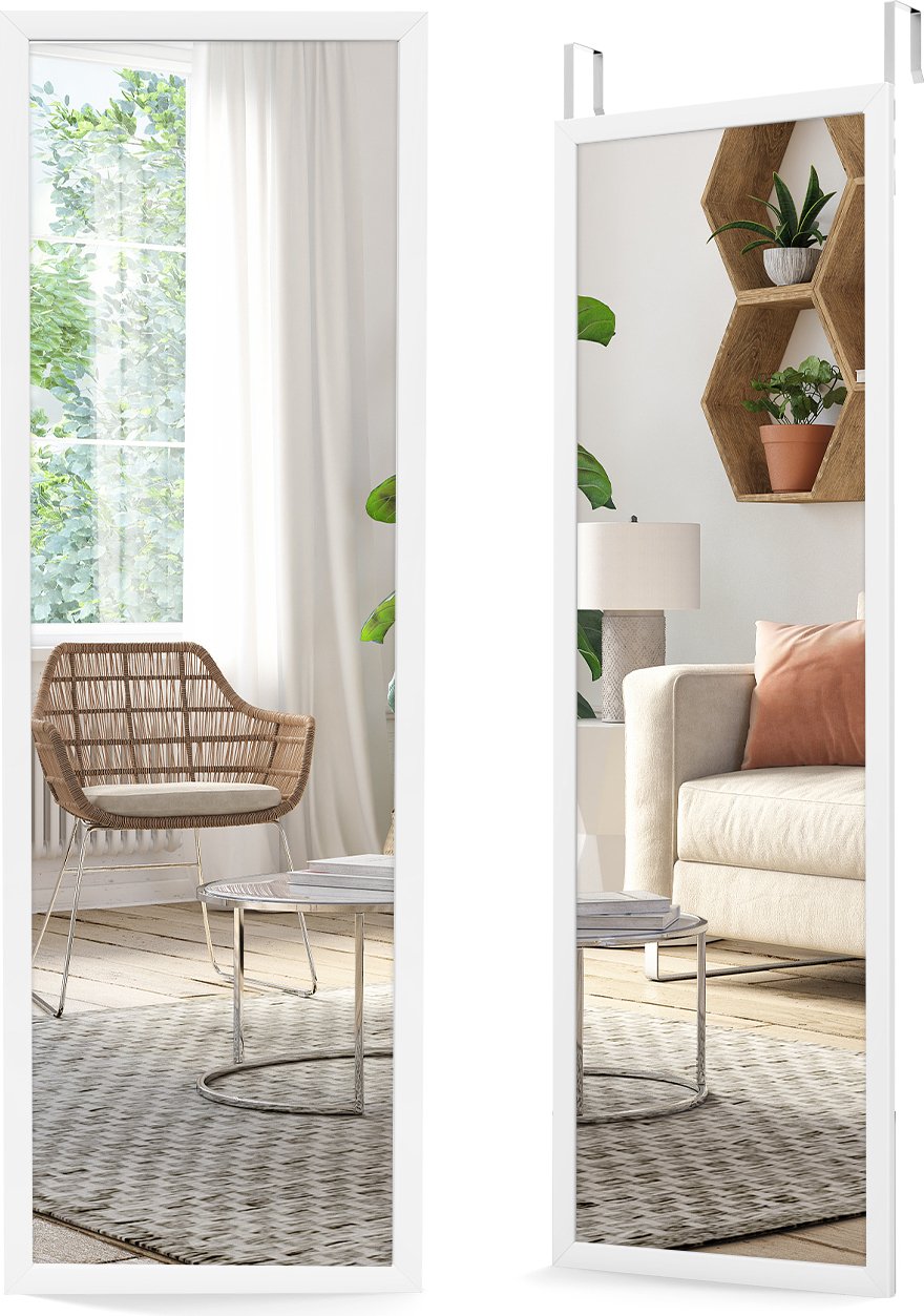 COSTWAY lustro ścienne lustro na drzwi lustro wiszące lustro o pełnej długości z haczykami do zawieszania o regulowanej wysokości, lustro do sypialni, salonu i strefy wejściowej 107x36,5cm