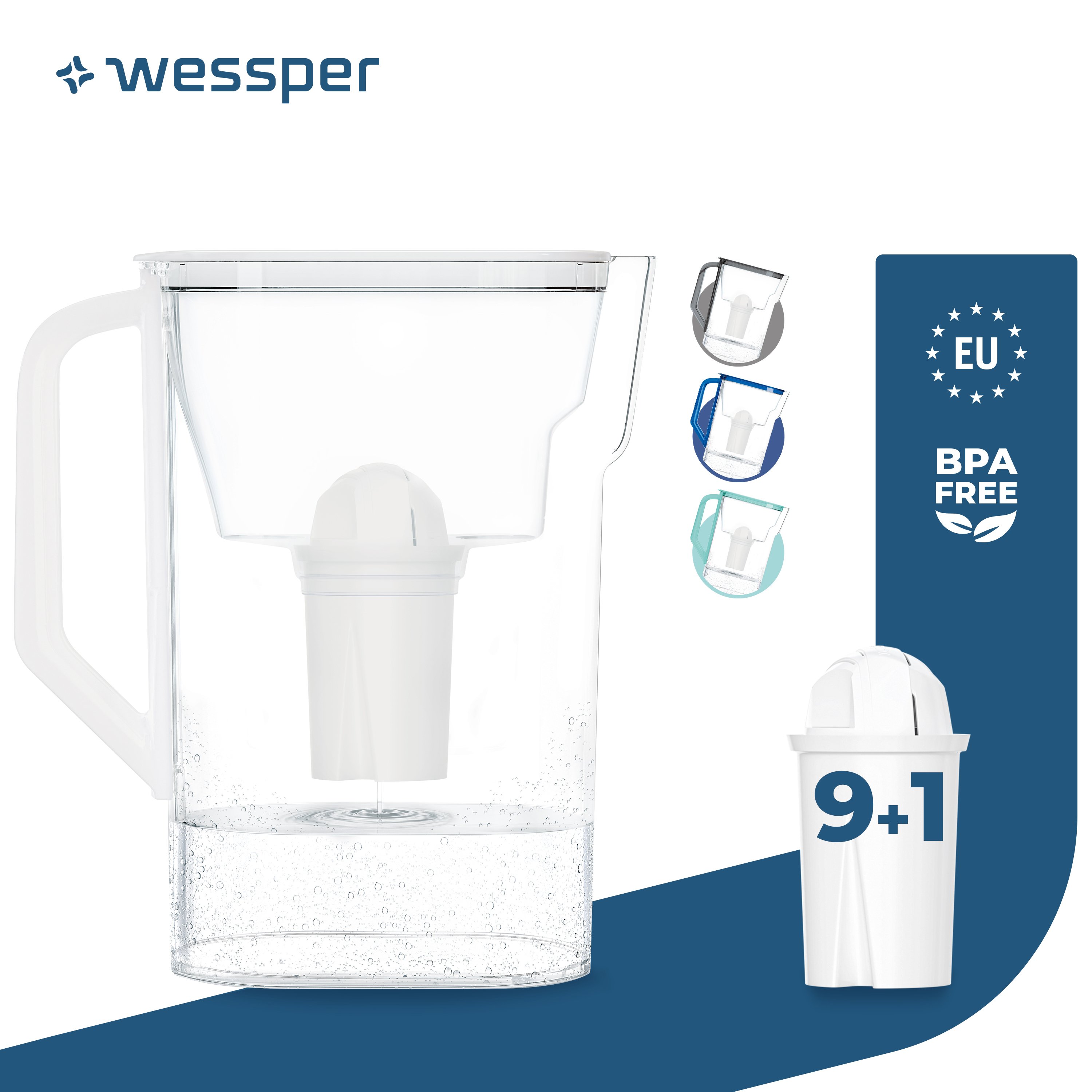 Dzbanek filtrujący do lodówki Wessper D3 Slim Aquaclassic 2,7 l biały Kompatybilny z filtrami Brita i Aquaphor + 10 wkładów filtrujących Aquaclassic