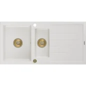 Zlewozmywaki - Mexen Andres zlewozmywak granitowy 1,5-komorowy z ociekaczem 1000 x 500 mm, biały, syfon złoty - miniaturka - grafika 1