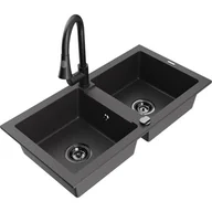 Zlewozmywaki z baterią - Mexen Mario zlewozmywak granitowy 2-komorowy z baterią kuchenną Elia, czarny nakrapiany - miniaturka - grafika 1