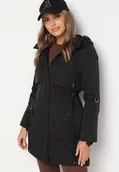 Kurtki damskie - Czarna Kurtka Parka z Bawełną Ściągana w Pasie Troczkiem Zapinana na Napy Velethra - miniaturka - grafika 1