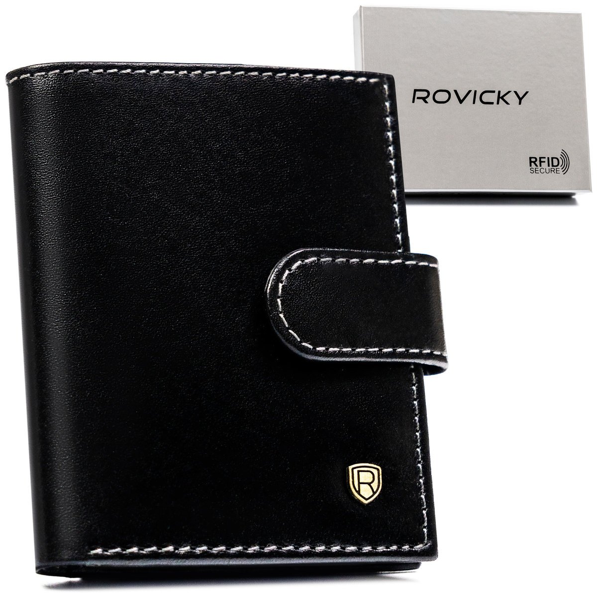 Eleganckie męskie etui na karty ze skóry naturalnej ROVICKY czarne pionowe na zatrzask kieszeń na banknoty pudełko na prezent ochrona RFID STOP