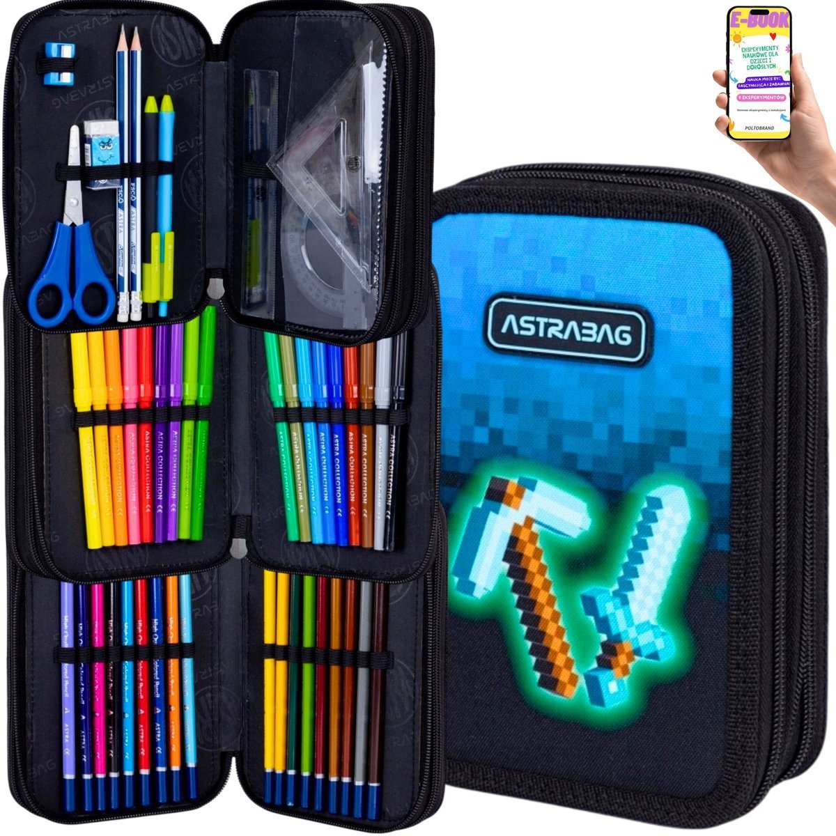 PIÓRNIK SZKOLNY ASTRABAG 3 KOMORY + WYPOSAŻENIE – PIXEL NIEBIESKI – DLA CHŁOPCA / GAMERA + EBOOK