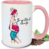 Kubki - Kubek DUŻY BIAŁY Be grateful always RÓŻÓWE UCHO I WNĘTRZE PIĘKNE TOP WZORY - miniaturka - grafika 1
