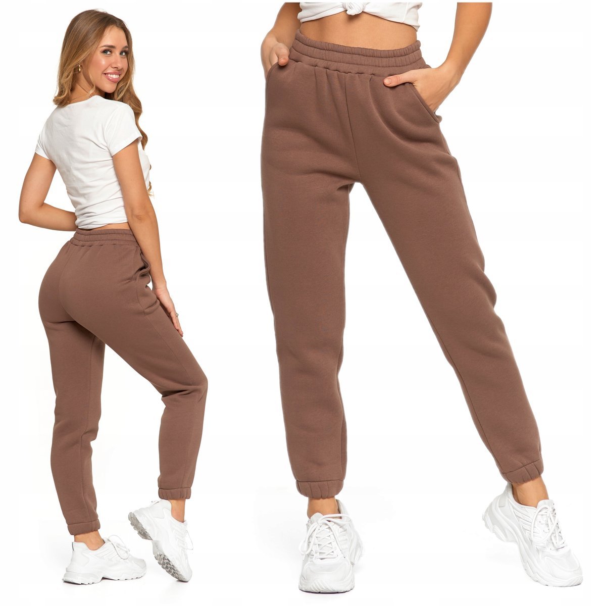 SPODNIE DRESOWE Damskie Ocieplane Gładkie Wysoki Stan Modny Kolor MORAJ L