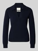 Swetry damskie - Sweter z dzianiny z wełny z wykładanym kołnierzem i dekoltem w serek - miniaturka - grafika 1