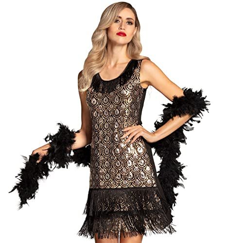 Boland 87114 - Kostium Flapper Peacock, rozmiar L, krótka sukienka z frędzlami, cekinami i wzorem pawia, Charleston-Lady, lata 20., Sylwestra, karnawał, impreza tematyczna