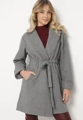 Płaszcze damskie - Ciemnoszary Płaszcz o Szlafrokowym Kroju z Marszczeniem w Talii i Wiązanym Paskiem Sartissa - miniaturka - grafika 1