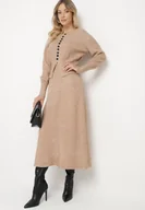 Komplety damskie - Ciemnobeżowy Dzianinowy Komplet z Wełną Spódnica z Gumką i Kardigan na Guziki Colzina - miniaturka - grafika 1