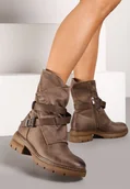 Botki damskie - Ciemnobeżowe Botki na Płaskiej Podeszwie z Asymetryczną Cholewką Zdobioną paskami z Klamrami Felzina - miniaturka - grafika 1