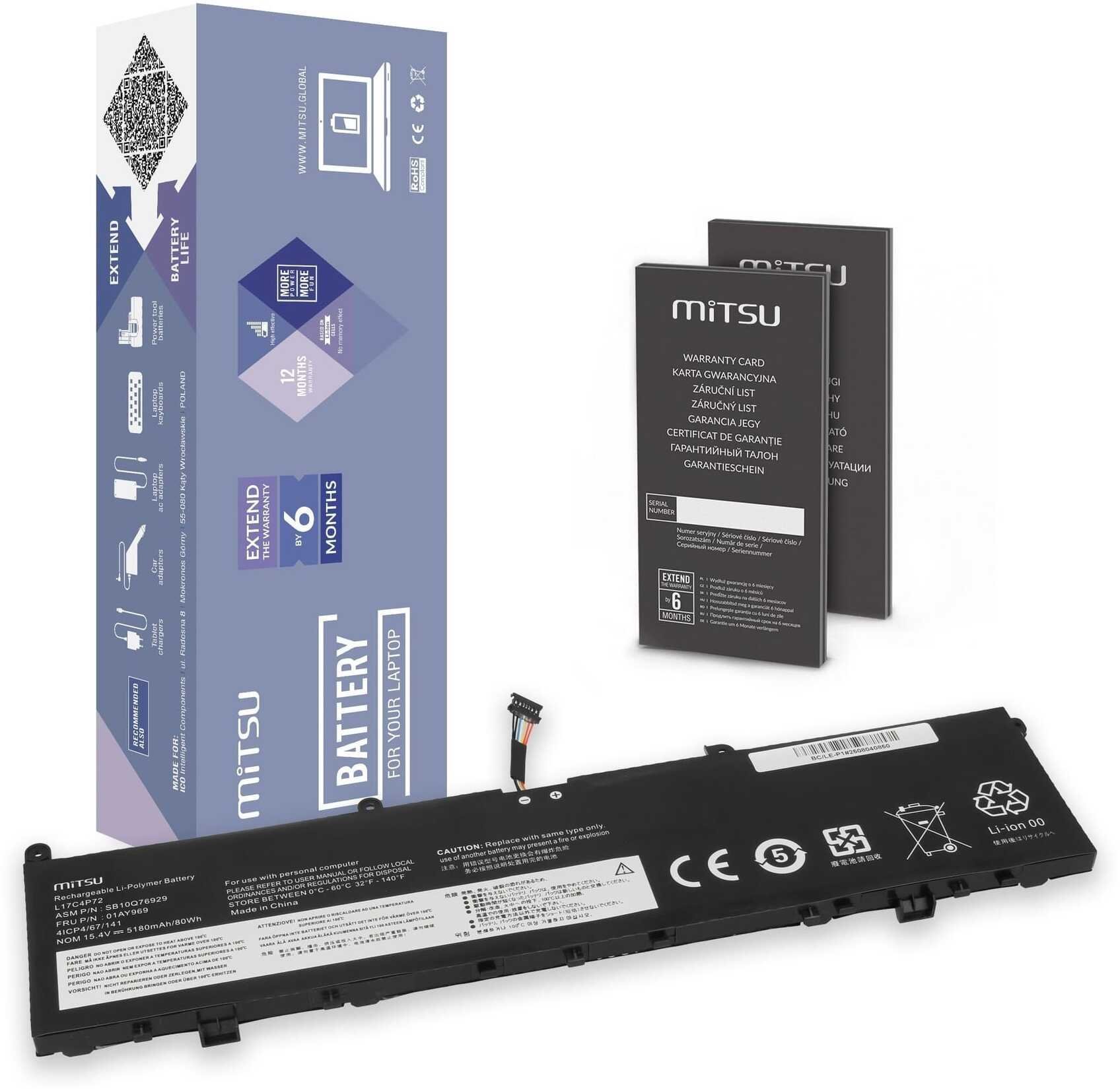 Bateria Mitsu Bateria Mitsu do Lenovo ThinkPad P1, X1 Extreme Gen 1, 2