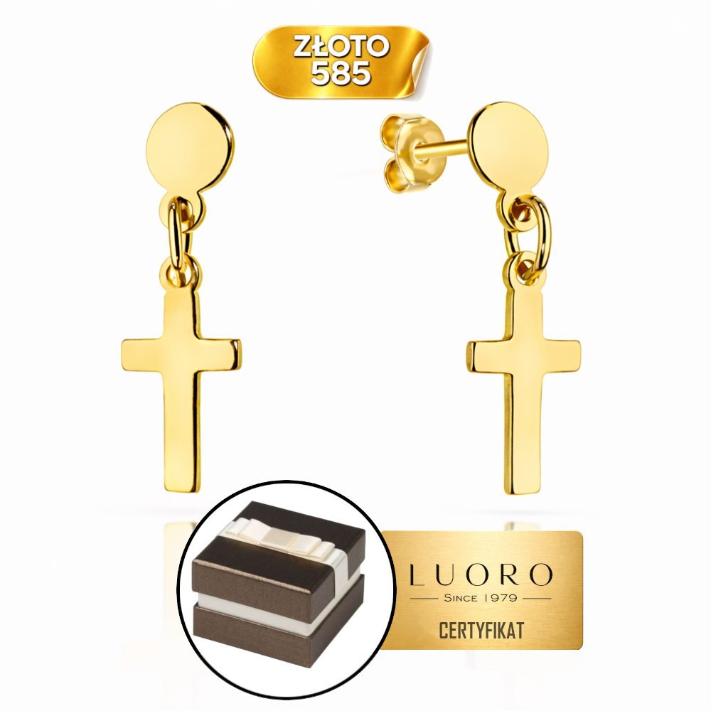 KOLCZYKI ZŁOTE 585 14K PEŁNE KÓŁKO I KRZYŻYK SZTYFT ŻÓŁTE 1,5 CM