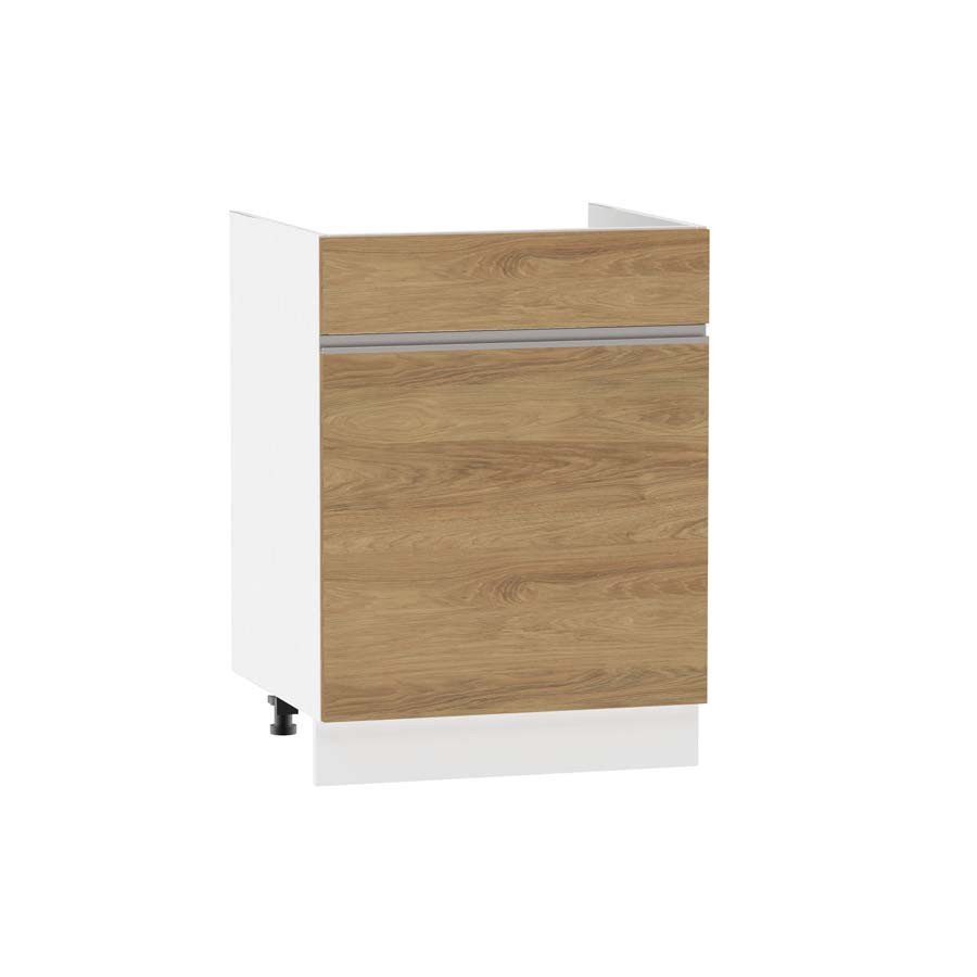 Szafka pod zlewozmywak z szufladą ADAMA – szerokość 60 cm, hickory naturalny/biała, nóżki 15 cm