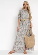 Sukienki - Miętowo-Różowa Sukienka z Guzikami i Plecionym Paskiem z Klamrą Aralty - miniaturka - grafika 1