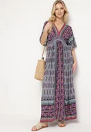 Sukienki - Fioletowa Boho Sukienka z Szerokimi Rękawami z Gumką w Pasie i Wiązaniem na Plecach Piomina - miniaturka - grafika 1