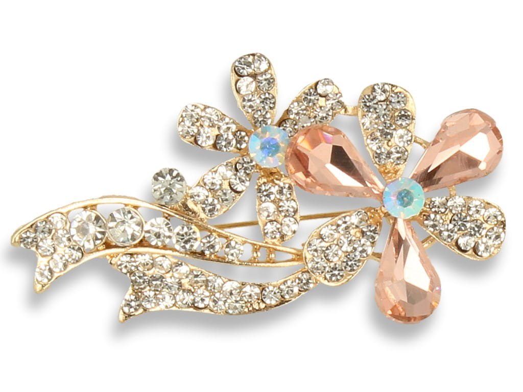 Broszka Damska Złota Kwiat Z Różowymi Kamieniami