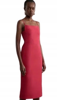 KAREN MILLEN CZERWONA SUKIENKA MIDI NA RAMIĄCZKACH PROSTA 40 B1C