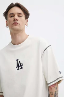 Koszulki męskie - New Era t-shirt bawełniany męski kolor beżowy z nadrukiem LOS ANGELES DODGERS - grafika 1