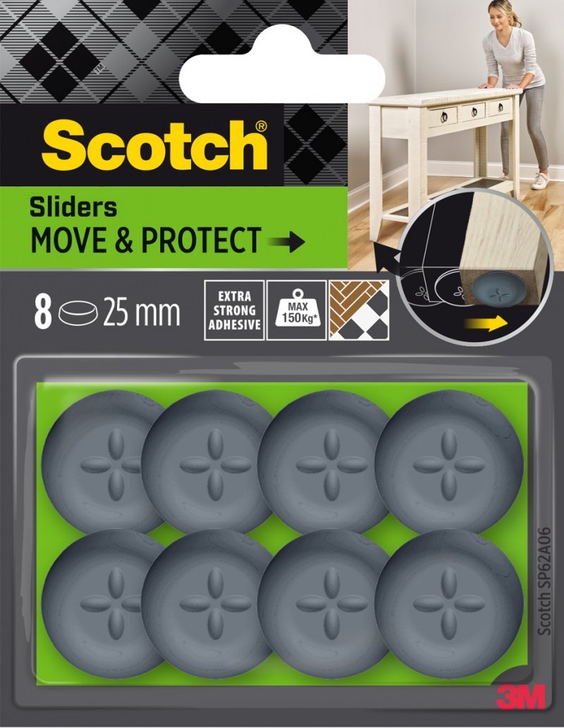 SAMOPRZYLEPNE PODKŁADKI OCHRONNO-ŚLIZGOWE, SCOTCH, OKRĄGŁE, 25MM, CZARNE, 8SZT