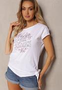 Koszulki i topy damskie - Biały T-shirt z Bawełny Ozdobiony Asymetrycznym Wiązaniem na Dole i Cyrkoniami Timanel - miniaturka - grafika 1