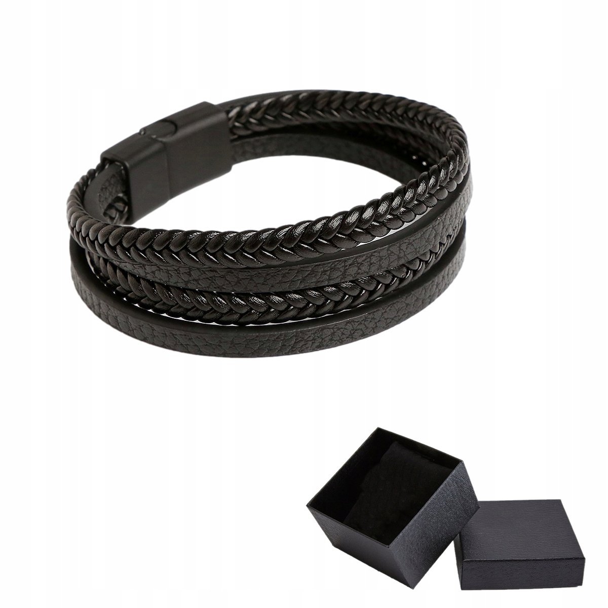 Skórzana Bransoletka Męska Zapleciona Czarna Tytanowa Prezent Dla Mężczyzny