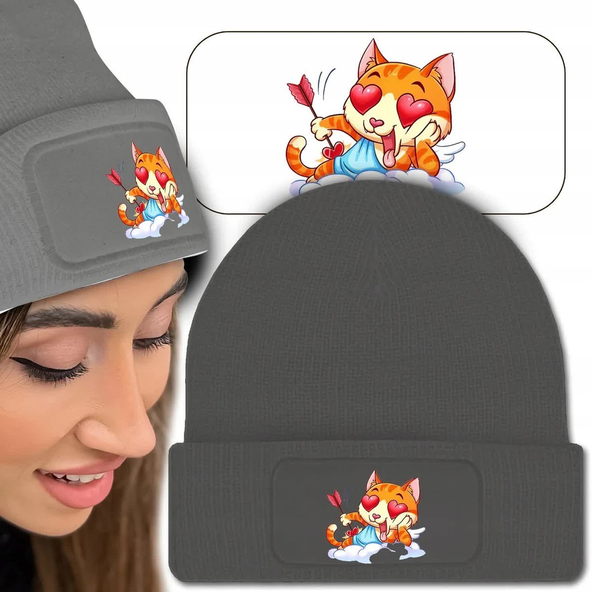 Ciepła Czapka Zimowa Szara CAT LOVE Modne Wzory