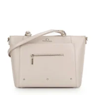 Torebki damskie - Damska shopperka ze skóry z kieszonkami kremowo - srebrna - miniaturka - grafika 1