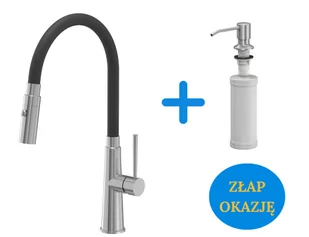 Quadron POP Bateria zlewozmywakowa stalowa GINA STEELQ z elastyczną czarną wylewką i funkcją prysznica plus dozownik okrągły do płynu KEIRA kolor stal szczotkowana - Baterie kuchenne - miniaturka - grafika 1