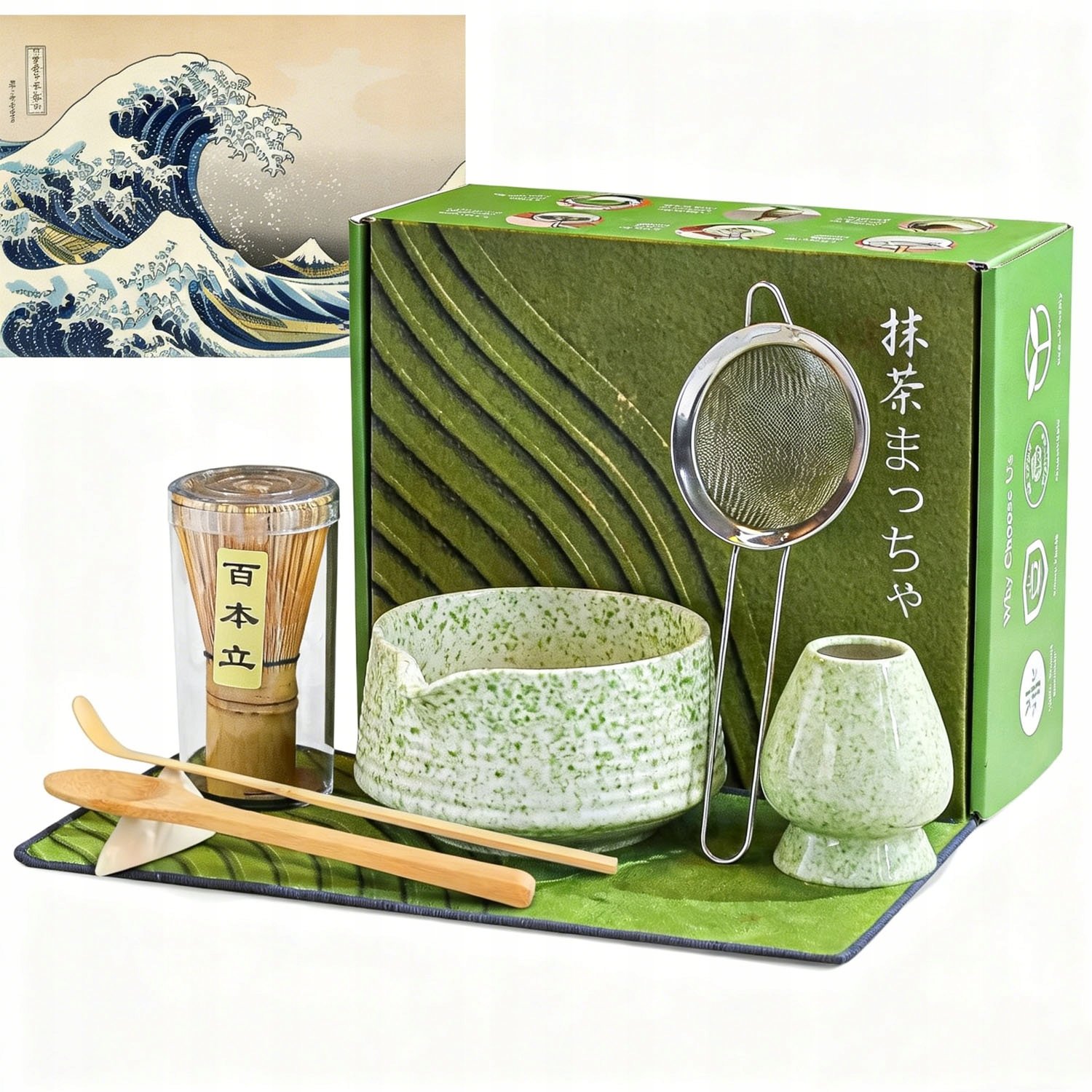 Zestaw Matcha 8 El Ceramiczna Czara Z Wylewką Chasen Sitko Matcha Zielony