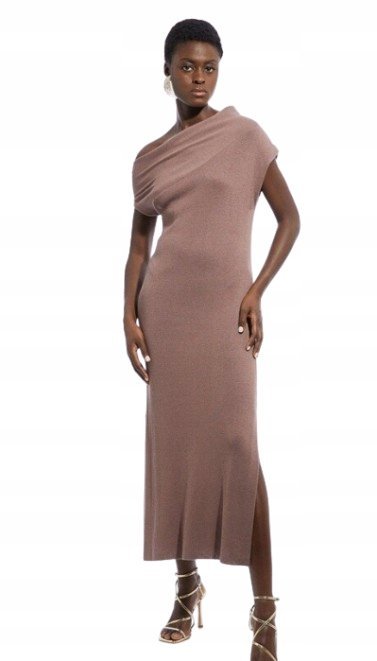 KAREN MILLEN TALL BRĄZOWA SUKIENKA Z DŁUGIMI RĘKAWAMI Z KASZMIREM M B1C