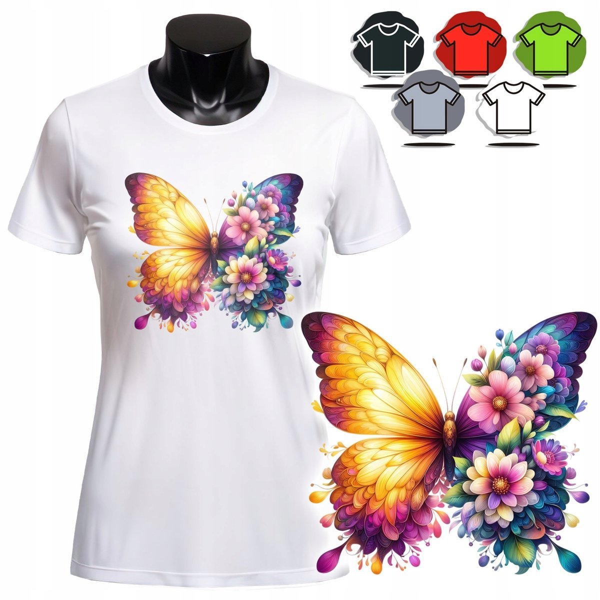 Koszulka Damska Z Nadrukiem T-Shirt - Motylek Kwiaty - M