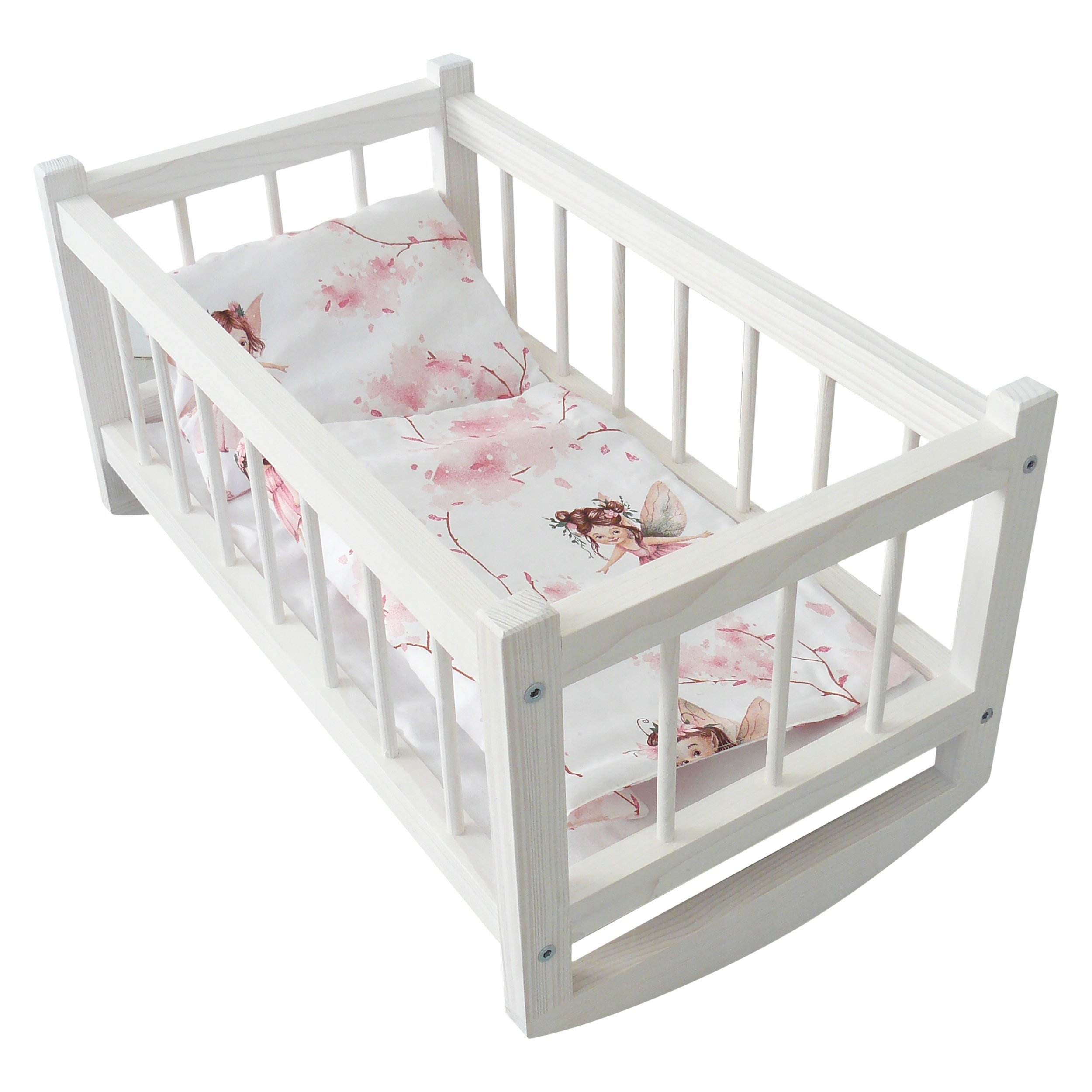 Drewniana Kołyska Łóżeczko Dla Lalek Białe Pościel Elfik Pokój