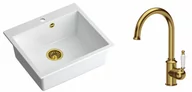 Zlewozmywaki z baterią - Quadron Zlewozmywak granitowy jednokomorowy 57*50*22 cm MORGAN 110 SNOW WHITE ze złotym odpływem z baterią RACHEL Q LINE kolor złoty - miniaturka - grafika 1