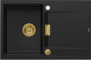 QUADRON OWEN 111 GraniteQ zlewozmywak z syfonem i zaślepką 1-komorowy z/o (760x500x215 kom. 330x430) pure carbon / elementy złote - Zlewozmywaki - miniaturka - grafika 1