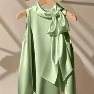 Koszule damskie - TEMU Elektryczna Bluzka w Kolorze Miętowej Zieleni z Kokardą - Okrągły Dekolt, Bez Rękawów, Jednokolorowa Koszula Poliestrowa na Każdą Porę Roku - miniaturka - grafika 1