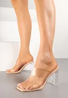 Klapki i japonki damskie - Beżowe Klapki Na Słupku z Transparentnymi Elementami Elarine - miniaturka - grafika 1