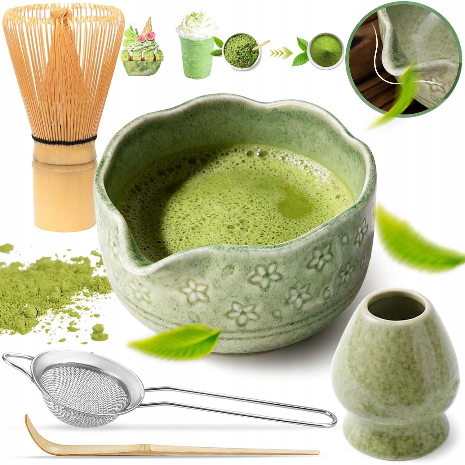 Zestaw Prezentowy Do Herbaty Matcha Miotełka Podstawka Łyżeczka 5W1
