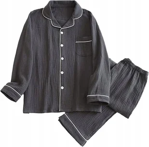 Bawełniana Piżama Męska Dwuczęściowa Na Guziczki Z Długim Rękawem Szary M - Piżamy damskie - miniaturka - grafika 1