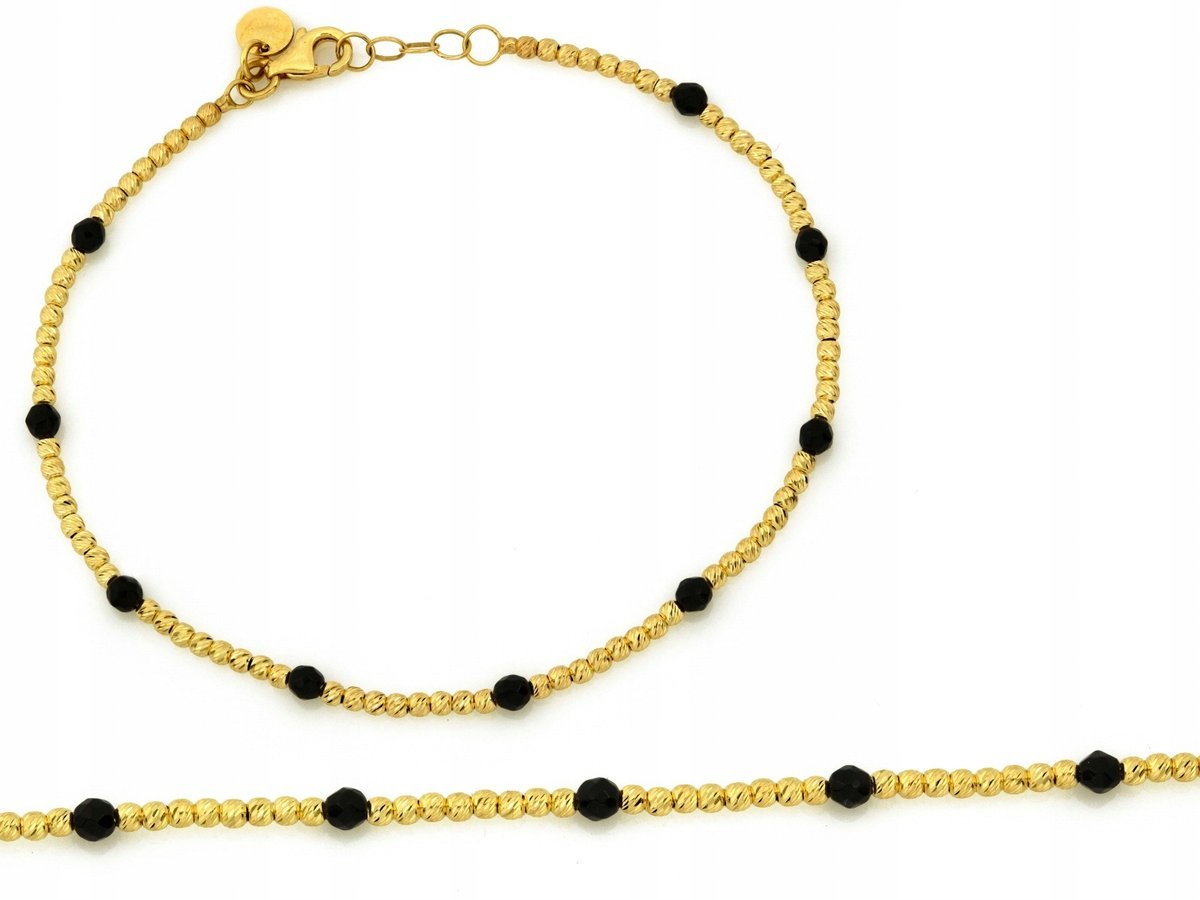 Bransoletka złota 585 z kulkami i czarnymi cyrkoniami 17cm kuleczki 2.58g