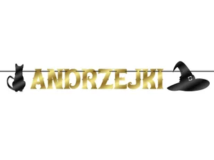 Baner Andrzejki Kot i kapelusz złoto-czarny - 500 cm - 1 szt. - Dekoracje sali - miniaturka - grafika 1