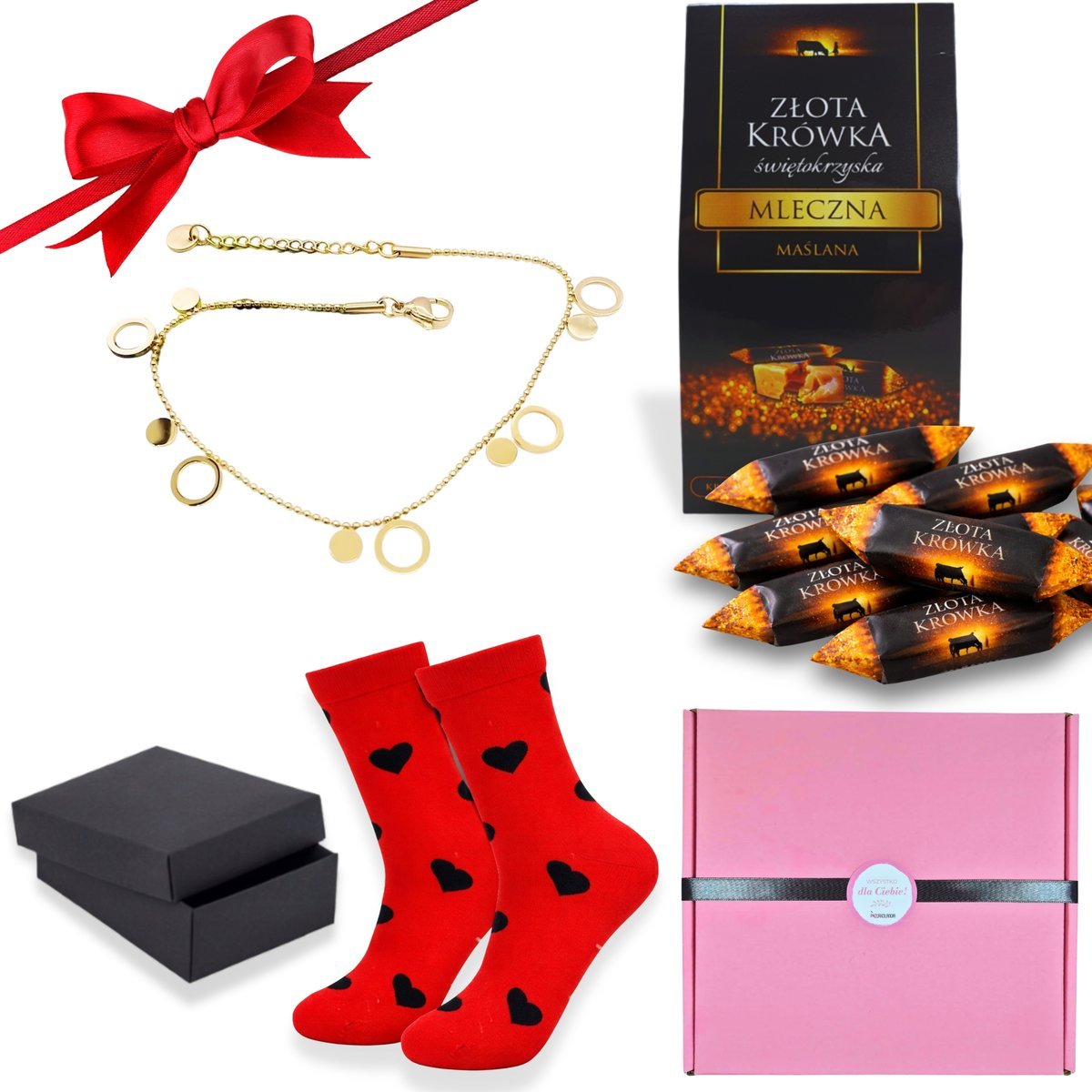 Walentynkowy zestaw dla Niej – złota bransoletka + pudełeczko + słodycze + skarpetki love w pudełku prezentowym (NW-23-2-26)