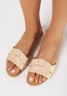 Klapki i japonki damskie - Beżowe Klapki na Płaskiej Podeszwie z Ozdobnym Paskiem i Skórzaną Wkładką Elrial - miniaturka - grafika 1